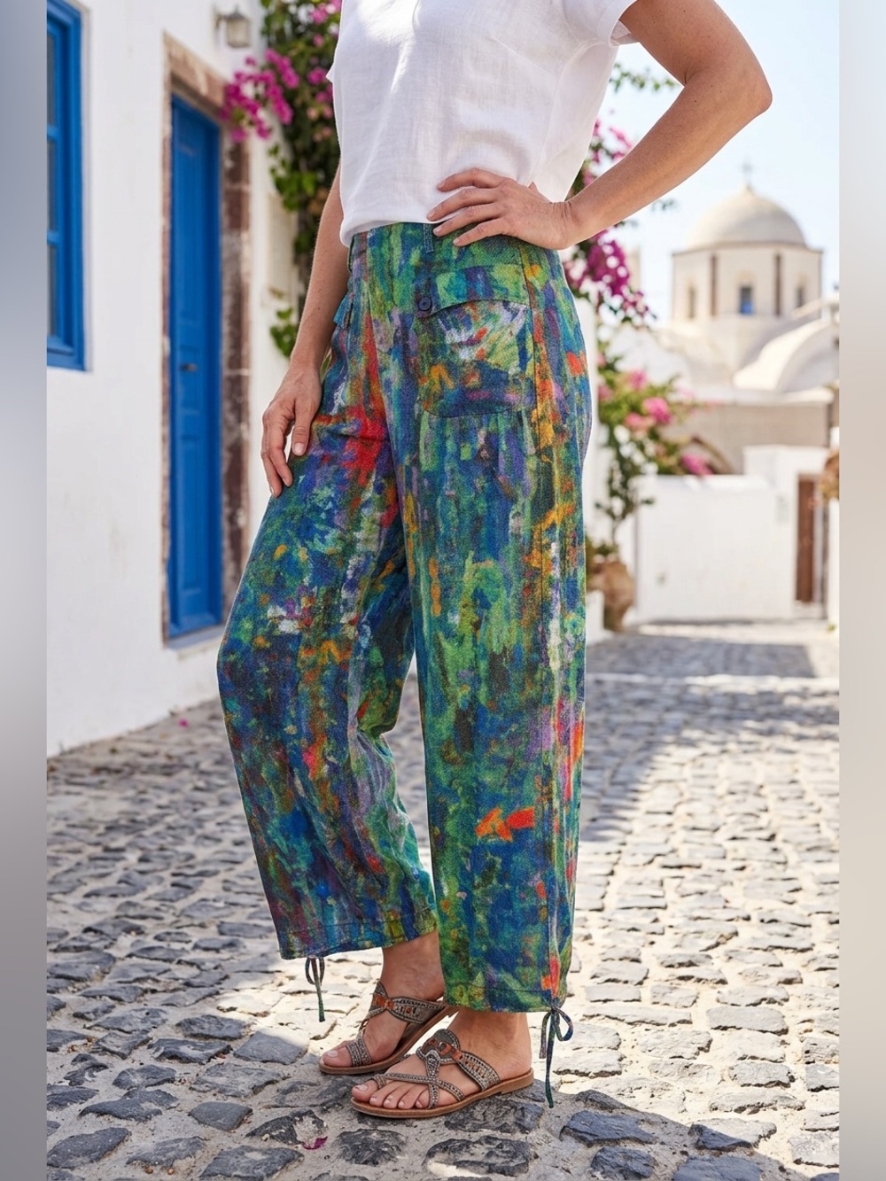 NWT DAVI & DANI Abstract Printed Denim Wide Adjustable Balloon Bottom Pants - Picture 5 of 13